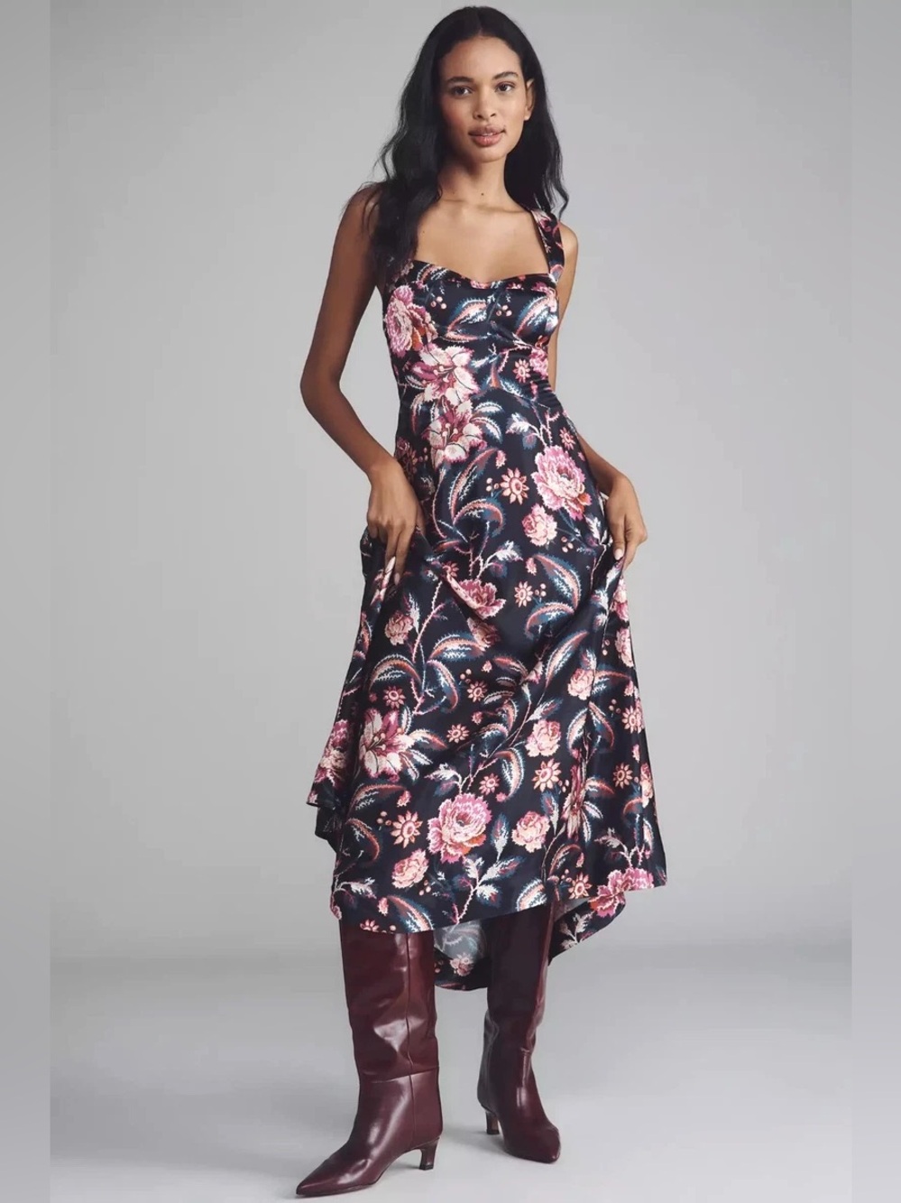 Maeve Jocelyn Sleeveless Slip Midi Dress - Black Floral